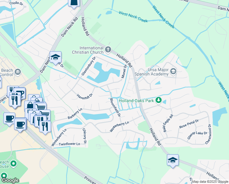 map of restaurants, bars, coffee shops, grocery stores, and more near 3005 Williston Drive in Virginia Beach