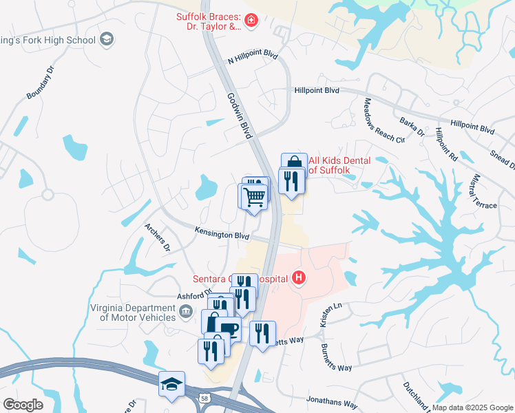 map of restaurants, bars, coffee shops, grocery stores, and more near 2815 Godwin Boulevard in Suffolk