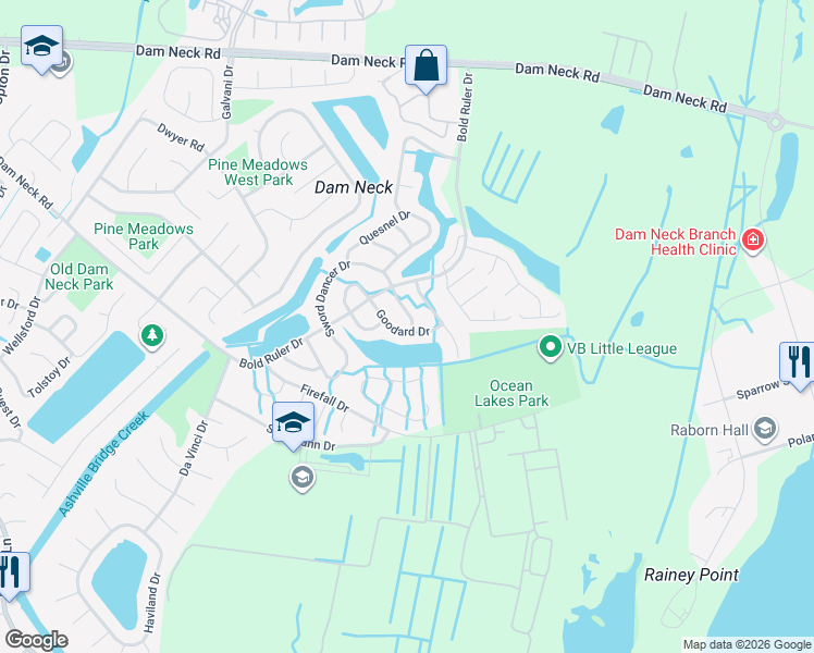 map of restaurants, bars, coffee shops, grocery stores, and more near 754 Goodard Drive in Virginia Beach