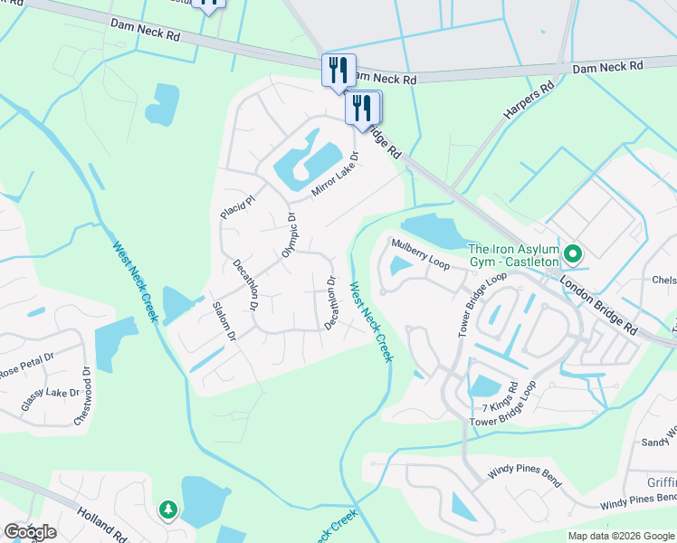 map of restaurants, bars, coffee shops, grocery stores, and more near 1929 Decathlon Drive in Virginia Beach
