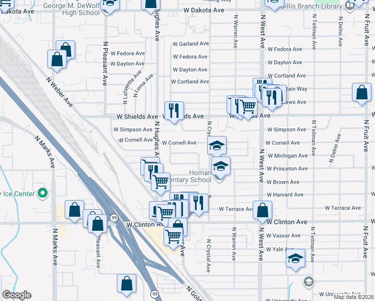 map of restaurants, bars, coffee shops, grocery stores, and more near 1914 West Michigan Avenue in Fresno