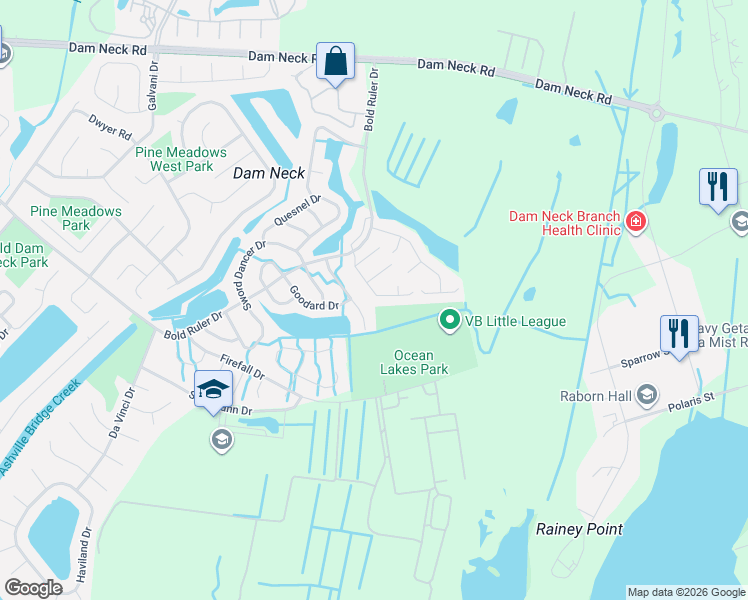 map of restaurants, bars, coffee shops, grocery stores, and more near 1745 Kitimal Drive in Virginia Beach
