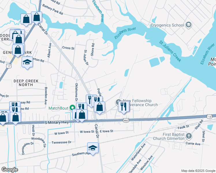 map of restaurants, bars, coffee shops, grocery stores, and more near 2021 Girard Avenue in Chesapeake