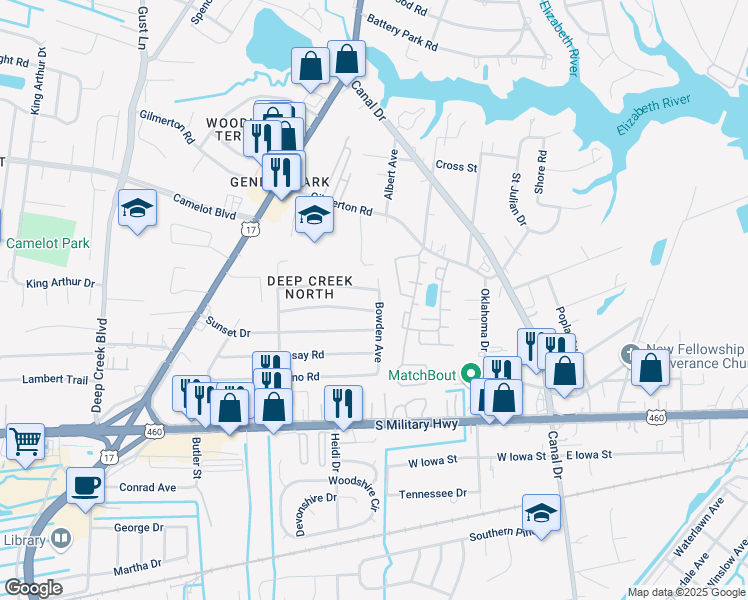 map of restaurants, bars, coffee shops, grocery stores, and more near 2401 Payne Road in Chesapeake
