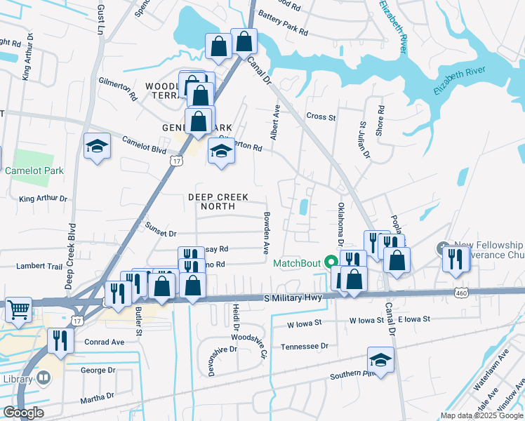 map of restaurants, bars, coffee shops, grocery stores, and more near 2401 Payne Road in Chesapeake