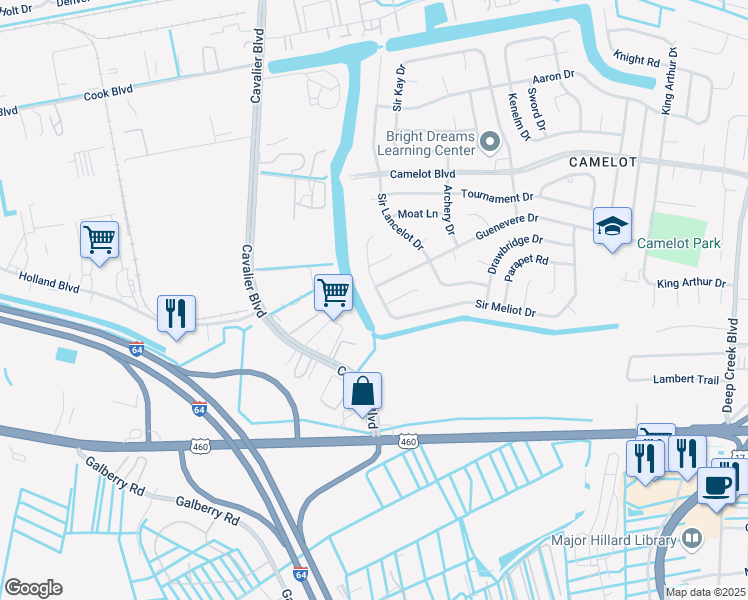 map of restaurants, bars, coffee shops, grocery stores, and more near 3301 Sir Meliot Drive in Chesapeake