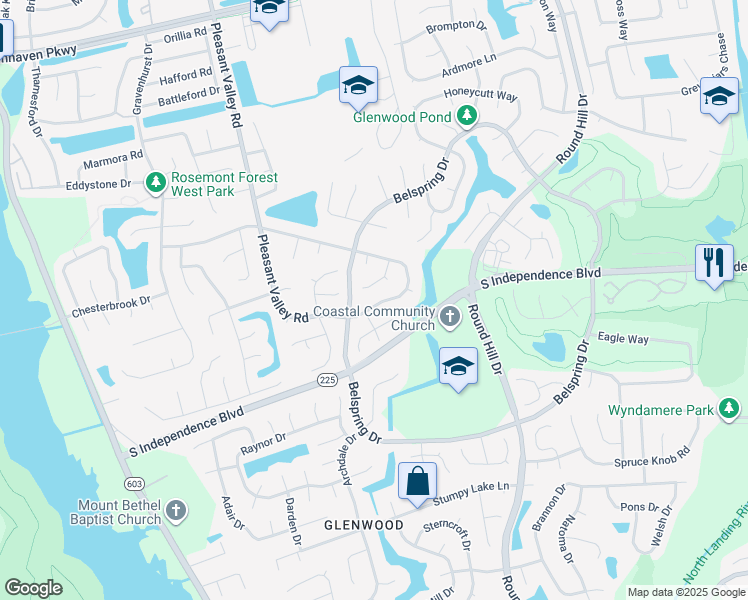 map of restaurants, bars, coffee shops, grocery stores, and more near 1105 Northvale Drive in Virginia Beach
