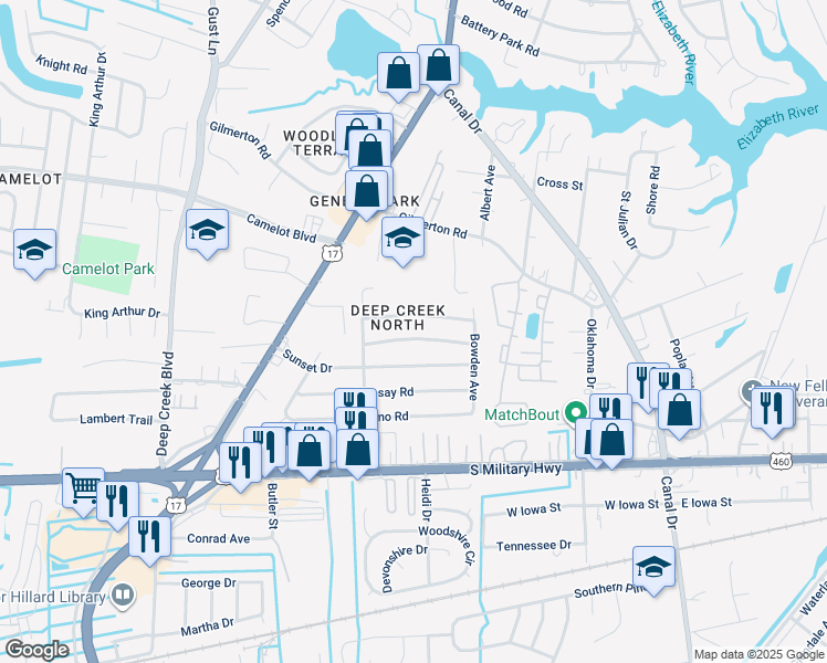 map of restaurants, bars, coffee shops, grocery stores, and more near 2418 Youngman Road in Chesapeake