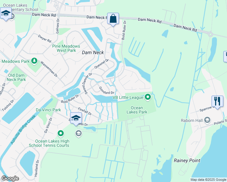 map of restaurants, bars, coffee shops, grocery stores, and more near 710 Goodard Drive in Virginia Beach