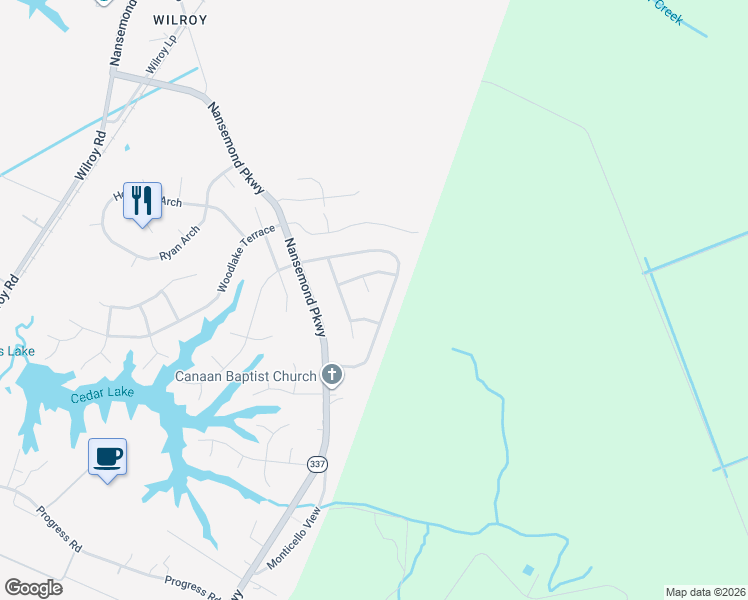 map of restaurants, bars, coffee shops, grocery stores, and more near 2004 Pine Tree Court in Suffolk