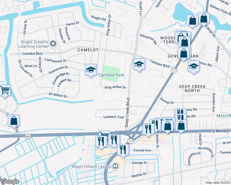 map of restaurants, bars, coffee shops, grocery stores, and more near 908 Page Court in Chesapeake