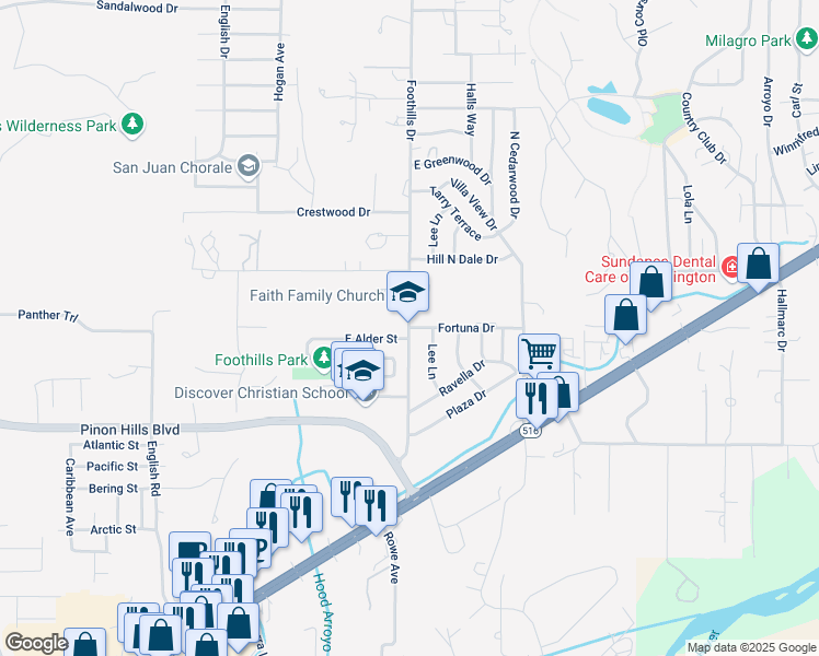 map of restaurants, bars, coffee shops, grocery stores, and more near 5300 Foothills Drive in Farmington
