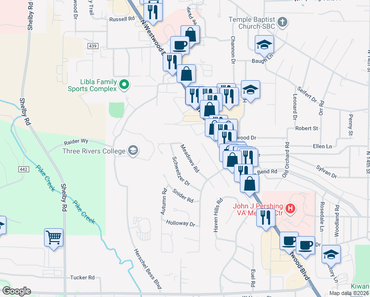 map of restaurants, bars, coffee shops, grocery stores, and more near 2034 Meadows Road in Poplar Bluff
