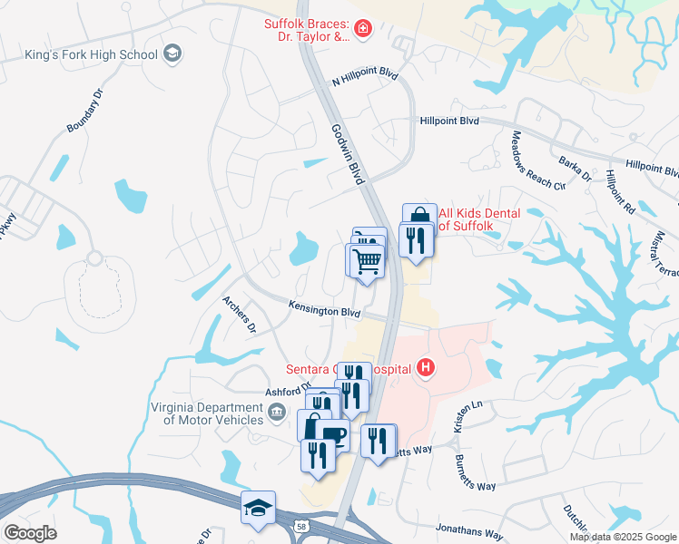 map of restaurants, bars, coffee shops, grocery stores, and more near 141 Wexford Drive in Suffolk