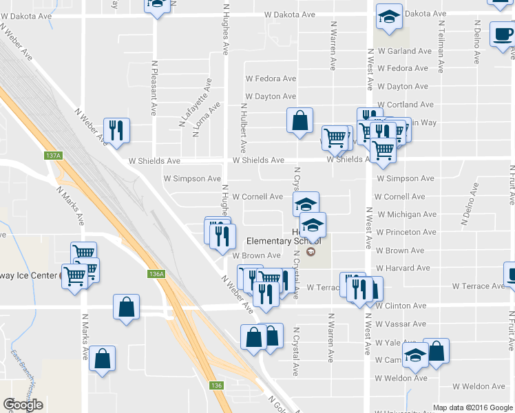 map of restaurants, bars, coffee shops, grocery stores, and more near 1914 West Michigan Avenue in Fresno