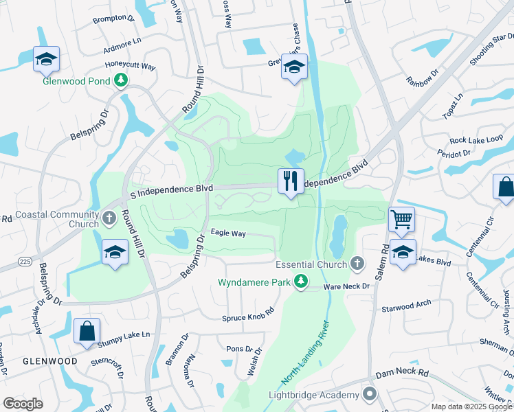 map of restaurants, bars, coffee shops, grocery stores, and more near 1001 Villas Court in Virginia Beach