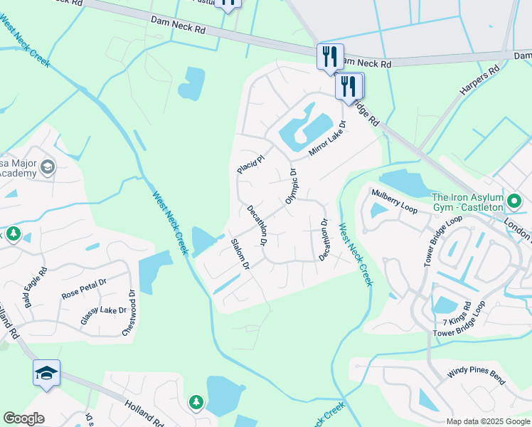 map of restaurants, bars, coffee shops, grocery stores, and more near 1913 Olympic Drive in Virginia Beach