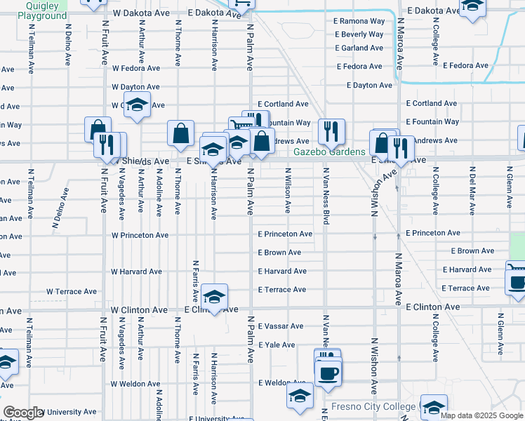 map of restaurants, bars, coffee shops, grocery stores, and more near 329 East Michigan Avenue in Fresno