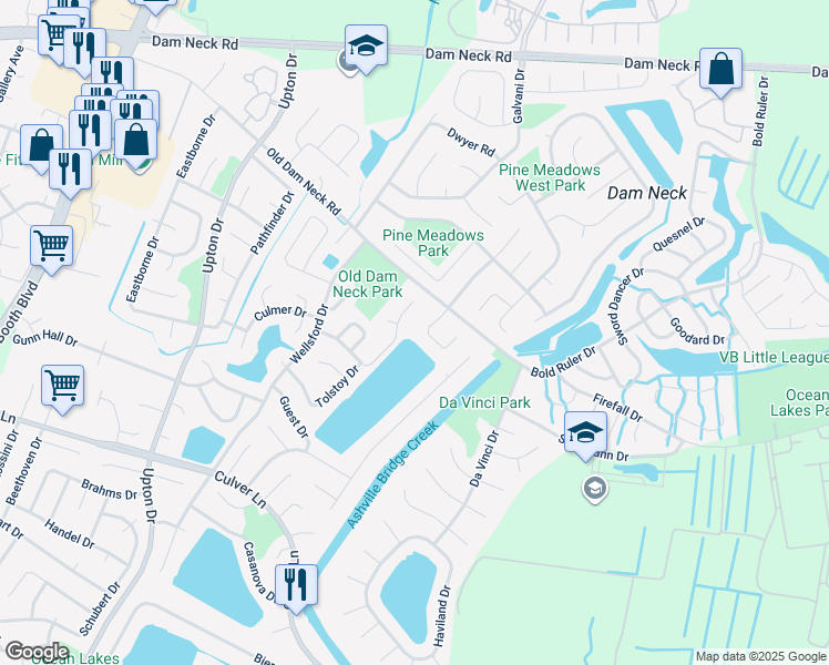 map of restaurants, bars, coffee shops, grocery stores, and more near 1721 Box Elder Arch in Virginia Beach