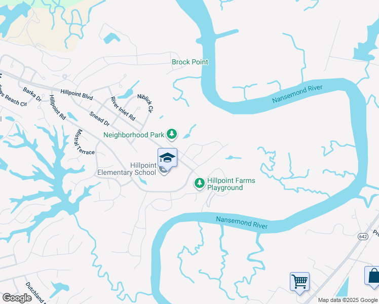 map of restaurants, bars, coffee shops, grocery stores, and more near 102 Bowman Drive in Suffolk