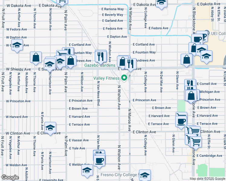 map of restaurants, bars, coffee shops, grocery stores, and more near 733 East Michigan Avenue in Fresno
