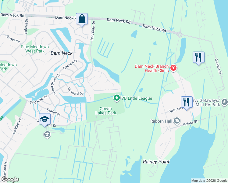 map of restaurants, bars, coffee shops, grocery stores, and more near 521 Sandy Lake Court in Virginia Beach