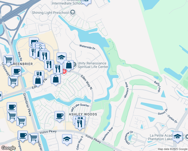 map of restaurants, bars, coffee shops, grocery stores, and more near 1416 Woodside Court in Chesapeake