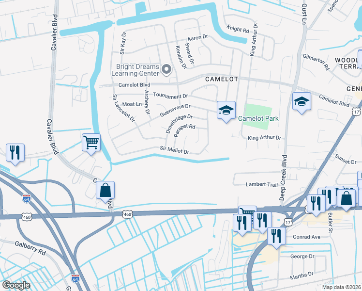 map of restaurants, bars, coffee shops, grocery stores, and more near 804 Jousting Court in Chesapeake