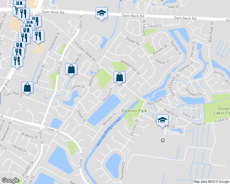 map of restaurants, bars, coffee shops, grocery stores, and more near 1721 Box Elder Arch in Virginia Beach