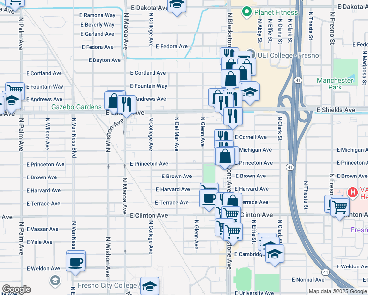 map of restaurants, bars, coffee shops, grocery stores, and more near 1323 East Michigan Avenue in Fresno