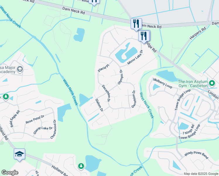 map of restaurants, bars, coffee shops, grocery stores, and more near 1913 Olympic Drive in Virginia Beach