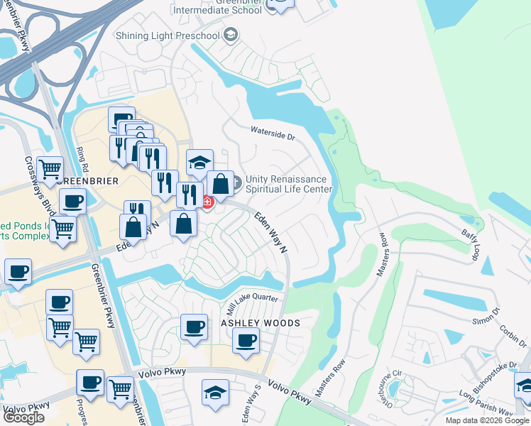 map of restaurants, bars, coffee shops, grocery stores, and more near 1400 Bayberry Court South in Chesapeake