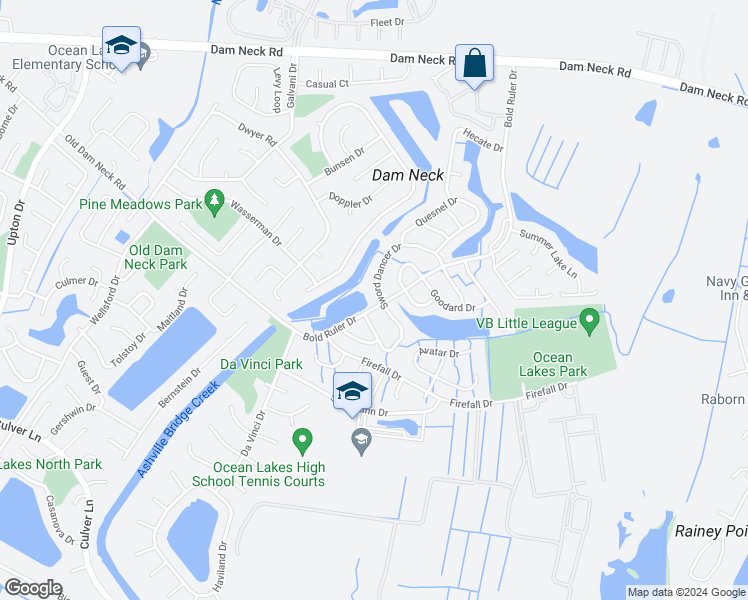 map of restaurants, bars, coffee shops, grocery stores, and more near 1667 Sword Dancer Drive in Virginia Beach