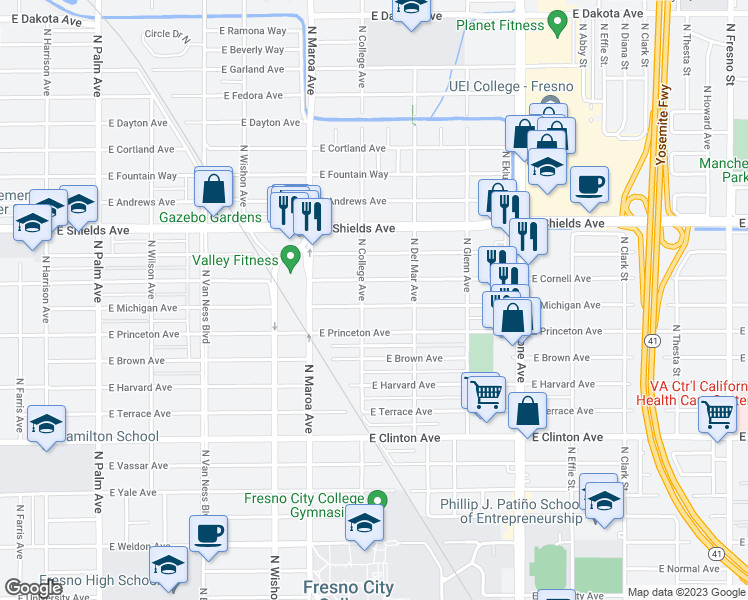 map of restaurants, bars, coffee shops, grocery stores, and more near 1119 East Michigan Avenue in Fresno