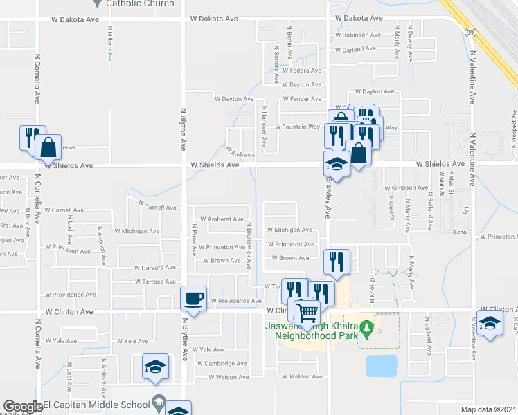 map of restaurants, bars, coffee shops, grocery stores, and more near 2683 North Hanover Avenue in Fresno