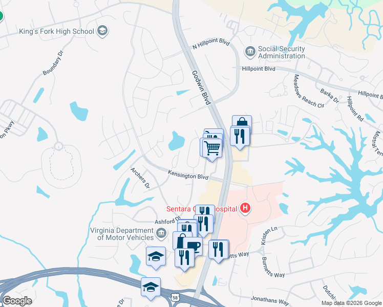map of restaurants, bars, coffee shops, grocery stores, and more near 141 Wexford Drive in Suffolk