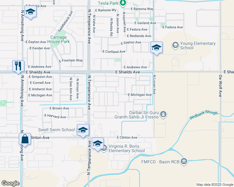 map of restaurants, bars, coffee shops, grocery stores, and more near 2869 North Hornet Avenue in Fresno