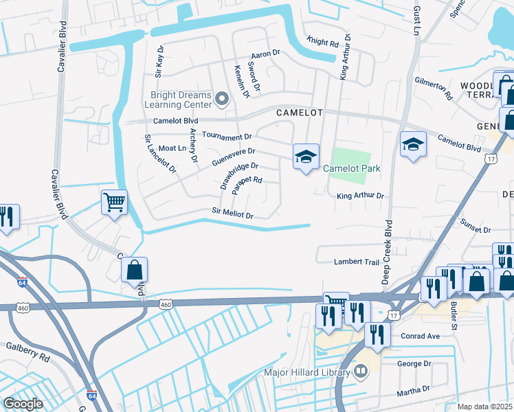 map of restaurants, bars, coffee shops, grocery stores, and more near 2924 Parapet Court in Chesapeake