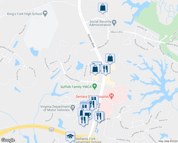 map of restaurants, bars, coffee shops, grocery stores, and more near 139 Wexford Drive East in Suffolk