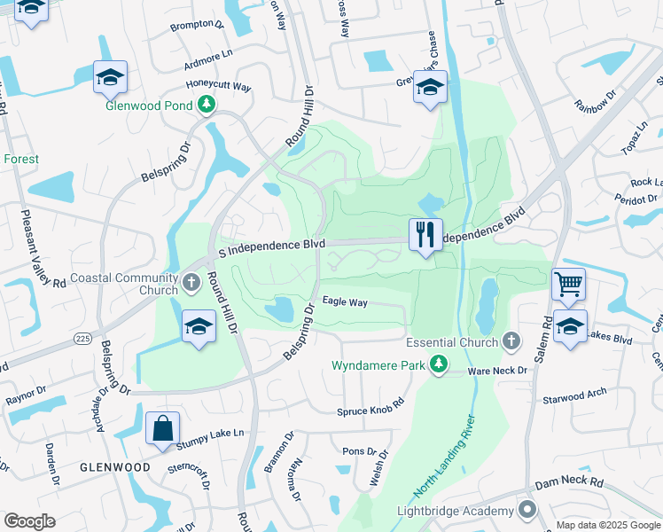 map of restaurants, bars, coffee shops, grocery stores, and more near 5137 Thatcher Way in Virginia Beach
