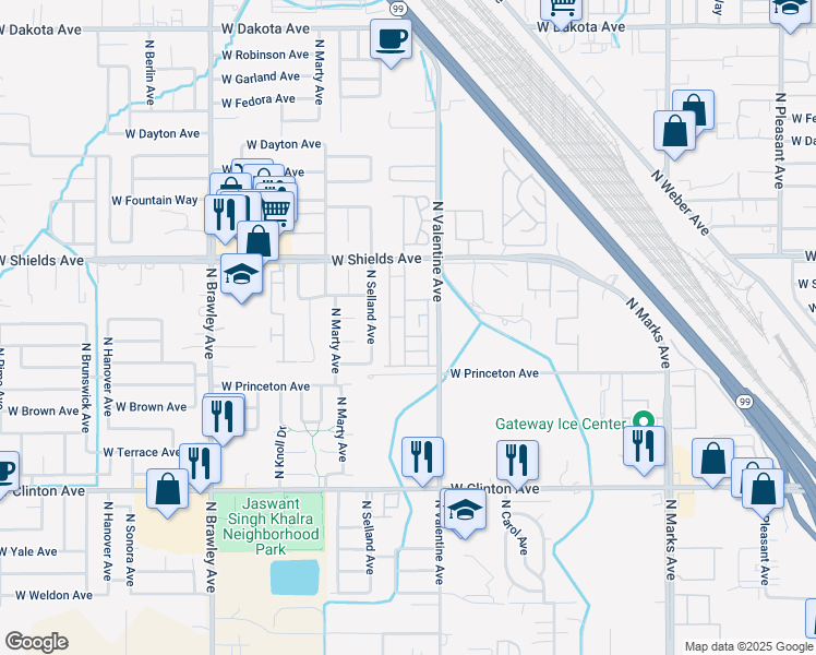 map of restaurants, bars, coffee shops, grocery stores, and more near 120 East Main Street in Fresno