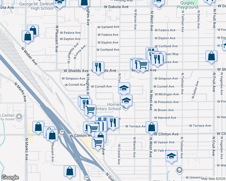 map of restaurants, bars, coffee shops, grocery stores, and more near 1802 West Michigan Avenue in Fresno