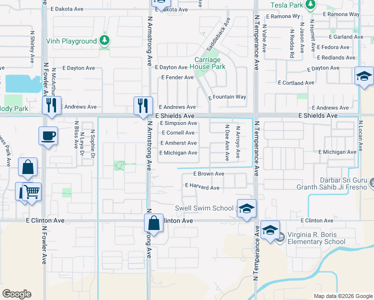 map of restaurants, bars, coffee shops, grocery stores, and more near 6674 East Michigan Avenue in Fresno