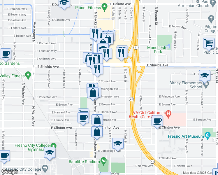 map of restaurants, bars, coffee shops, grocery stores, and more near 1845 East Michigan Avenue in Fresno