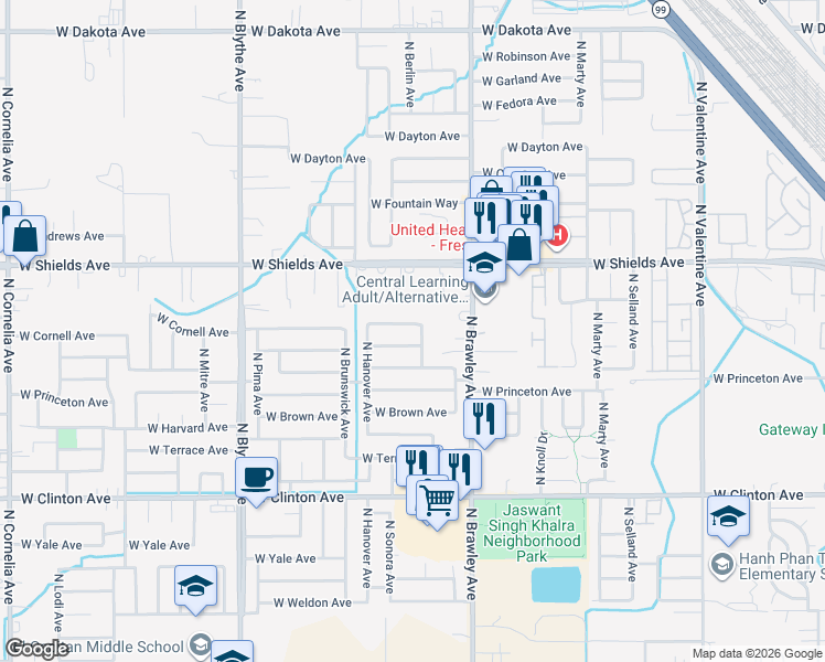 map of restaurants, bars, coffee shops, grocery stores, and more near 4127 West Cornell Avenue in Fresno
