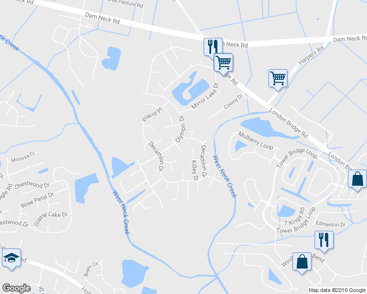 map of restaurants, bars, coffee shops, grocery stores, and more near 1908 Whiteface Court in Virginia Beach