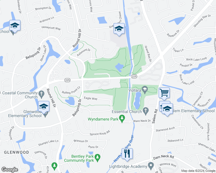 map of restaurants, bars, coffee shops, grocery stores, and more near 5005 Thatcher Way in Virginia Beach