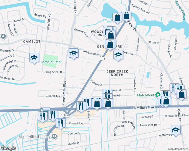 map of restaurants, bars, coffee shops, grocery stores, and more near 1005 George Washington Highway North in Chesapeake