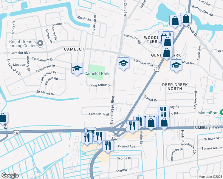map of restaurants, bars, coffee shops, grocery stores, and more near 909 Noble Court in Chesapeake
