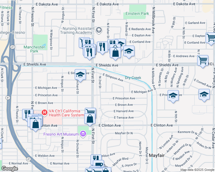 map of restaurants, bars, coffee shops, grocery stores, and more near 2902 North Fisher Street in Fresno